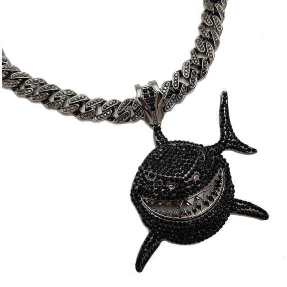 Hip Hop Iced Black Hematite Cubic Zirconia Large Shark Pendant & 12mm 18" Iced Cuban Box Lock Chain Bling Necklace Set