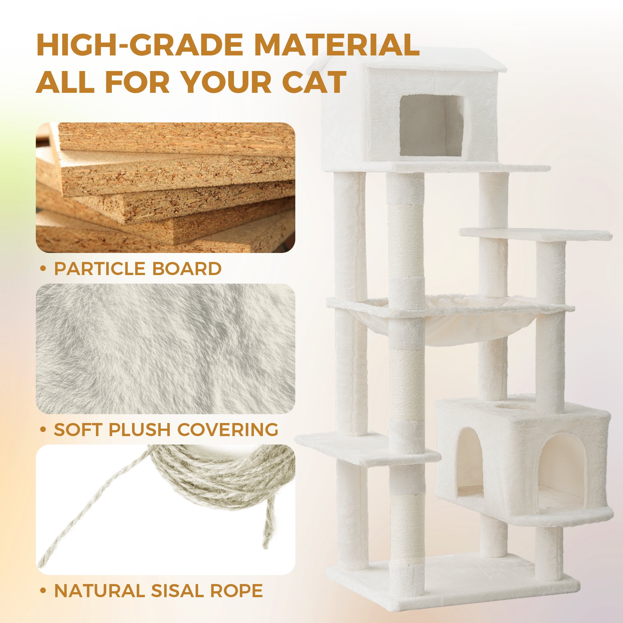Jopath Multilevel Cat Tree Beige Multi-Level Cat Tree with Unique Cat House, Hammock, Scratching Posts - Plush Cat Tower for Indoor Cats, Ideal for Multiple Cats 64in