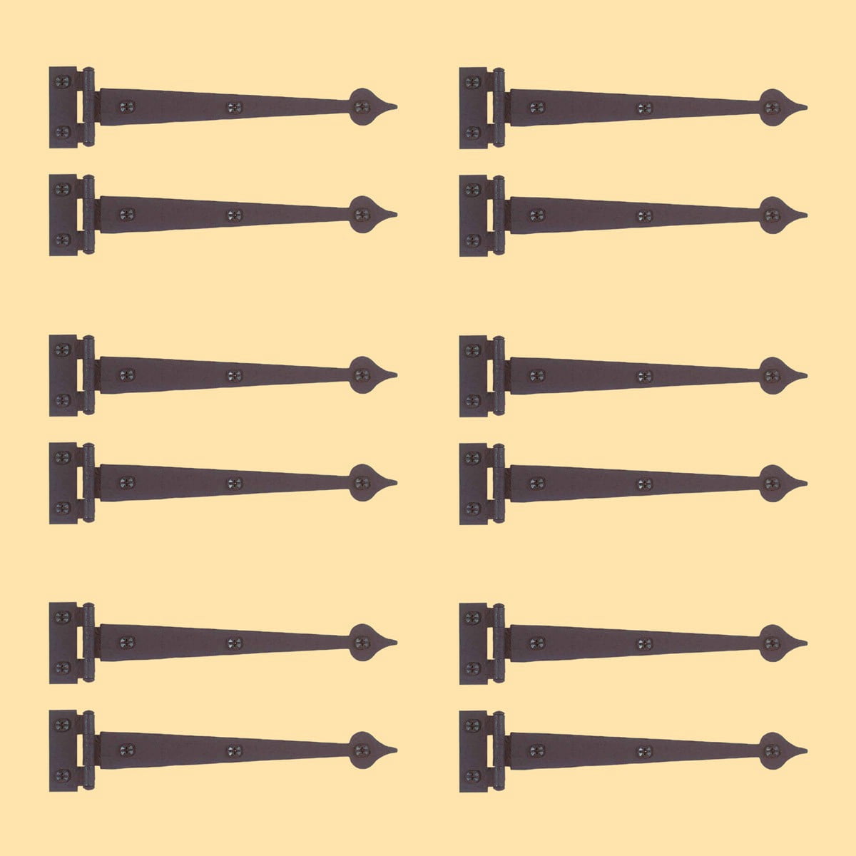 Renovators Supply Black Wrought Iron Strap Hinge Pair 7-3/8 in Spear Tip Flush Mount Heavy Duty Strap Gate and Door Hinges w/Hardware Pack of 6