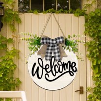 GeBuSn 30cm/11.81in Wooden Welcome Sign Round Garden Hanging Plaque With Greenery Design 30cm(12") Front Door Home Wall Hanging For Porch Patio & Indoor Use (C)