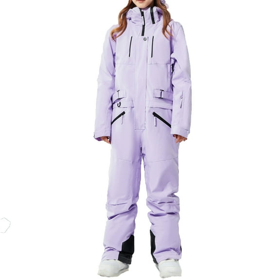Xfvqtps Women One Piece Snowsuits Snowboarding Suit Hooded Color Blocked Pockets Adjustable Waterproof Windproof Outdoor Winter Warm Ski Suits Jumpsuits Purple