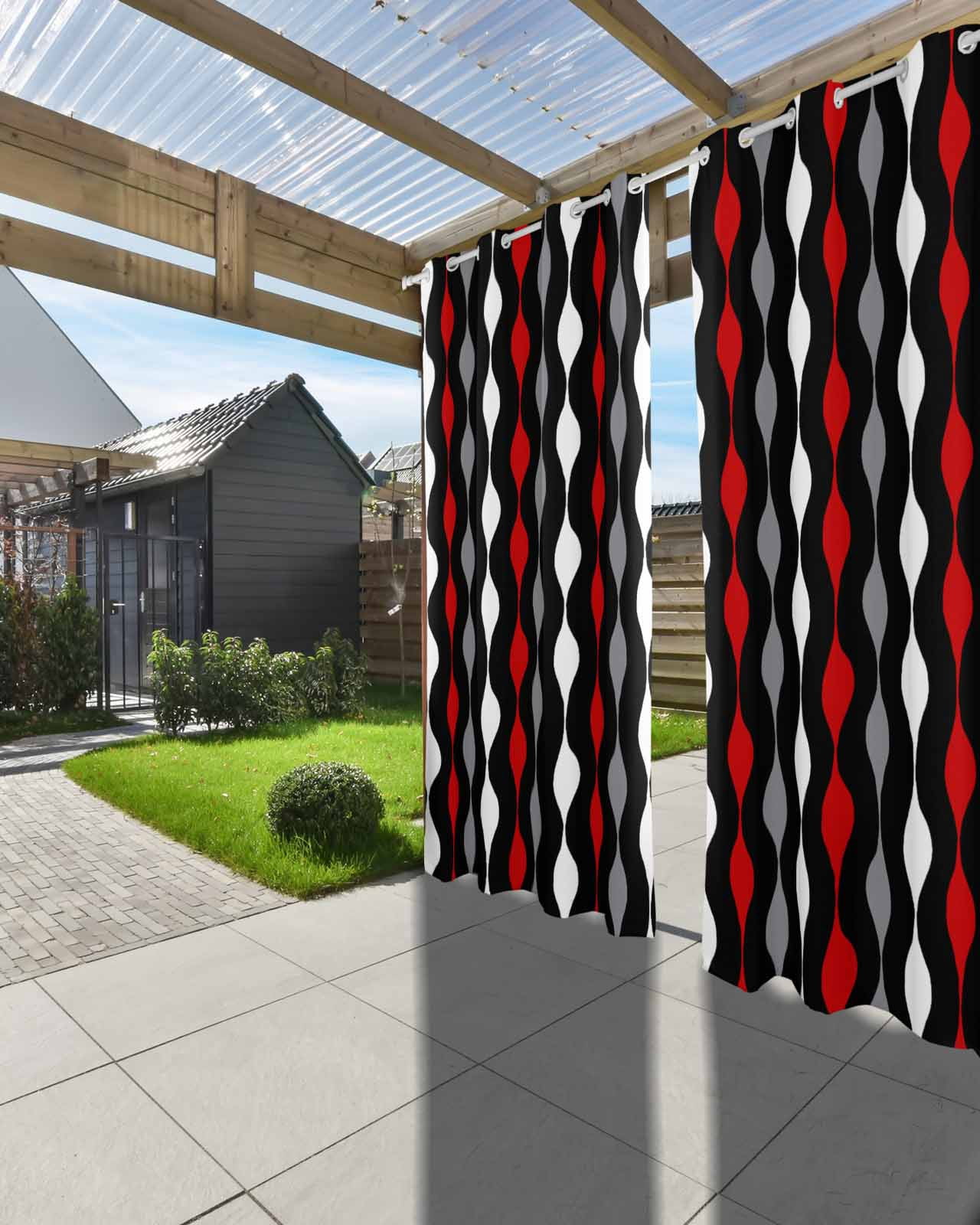 Outdoor Curtains for Patio Red Grey Black and White Geometric Striped Waterproof Privacy Outside Curtains with Tiebacks Grommet Top Pergola Curtains for Porch Cabana Gazebo 2 Panels, 54x108 inch