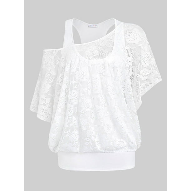 Top Sin Mangas Encaje Cuello Inclinado Tamaño Plus Rosegal Blusas Tallas Grandes