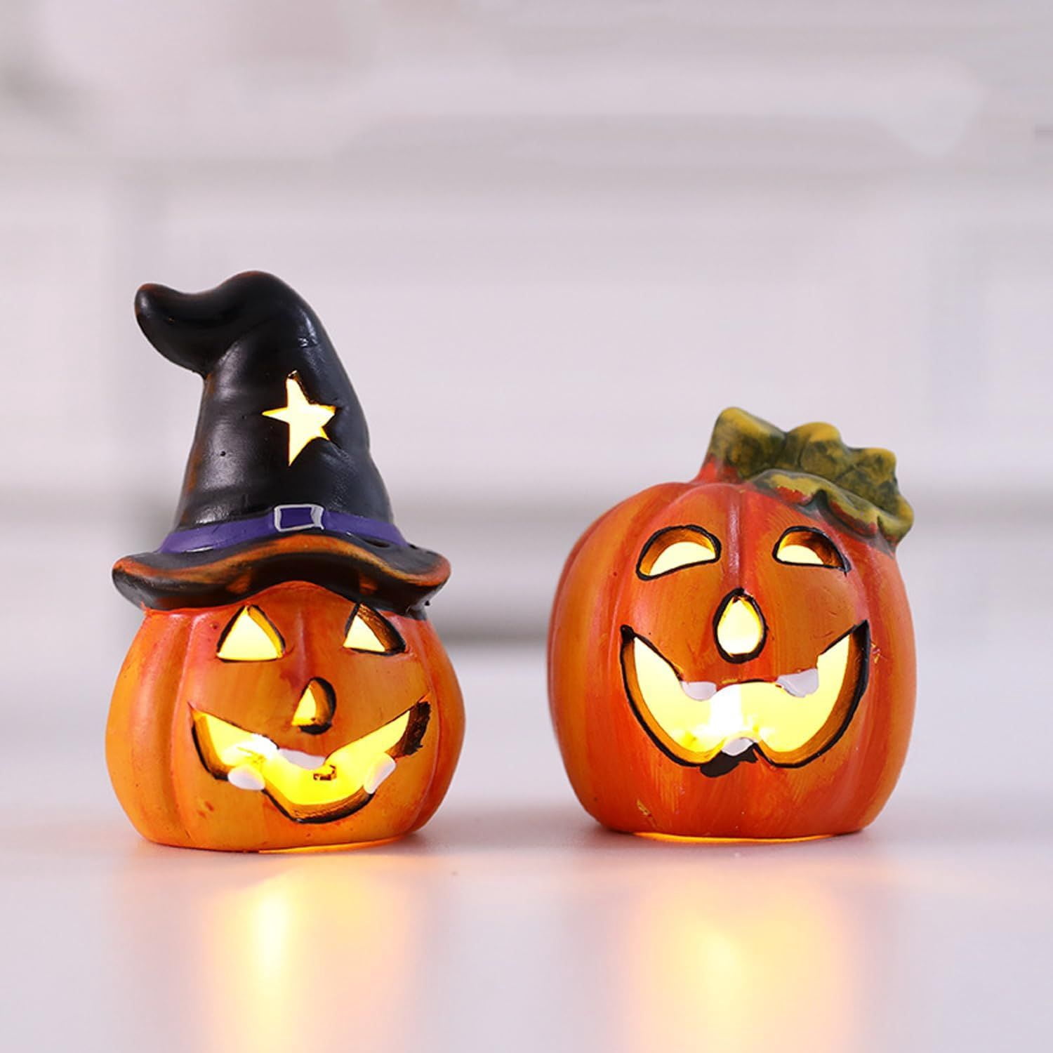 Set of 4 Light Up Ceramic Pumpkin Skull Figurines for Halloween Table Decor