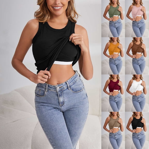 Womens Round Neck Sleeveless Top Solid Color Versatile Layering Piece Casual Wear