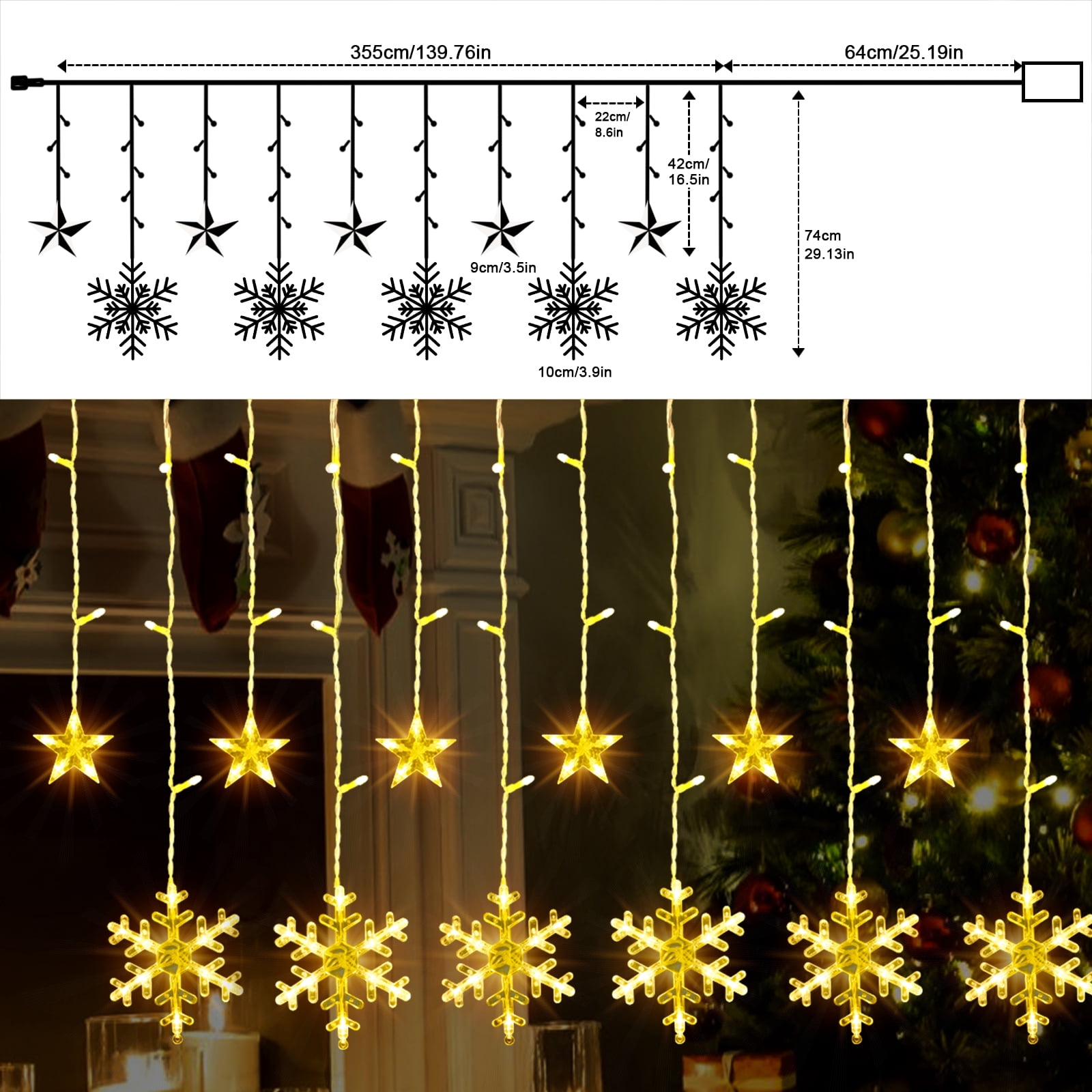 Qoosea Curtain String Lights, 126 LED Snowflake Star Waterproof Curtain Fairy Lights, Battery Operated Christmas Decorations for Window Wall Bedroom