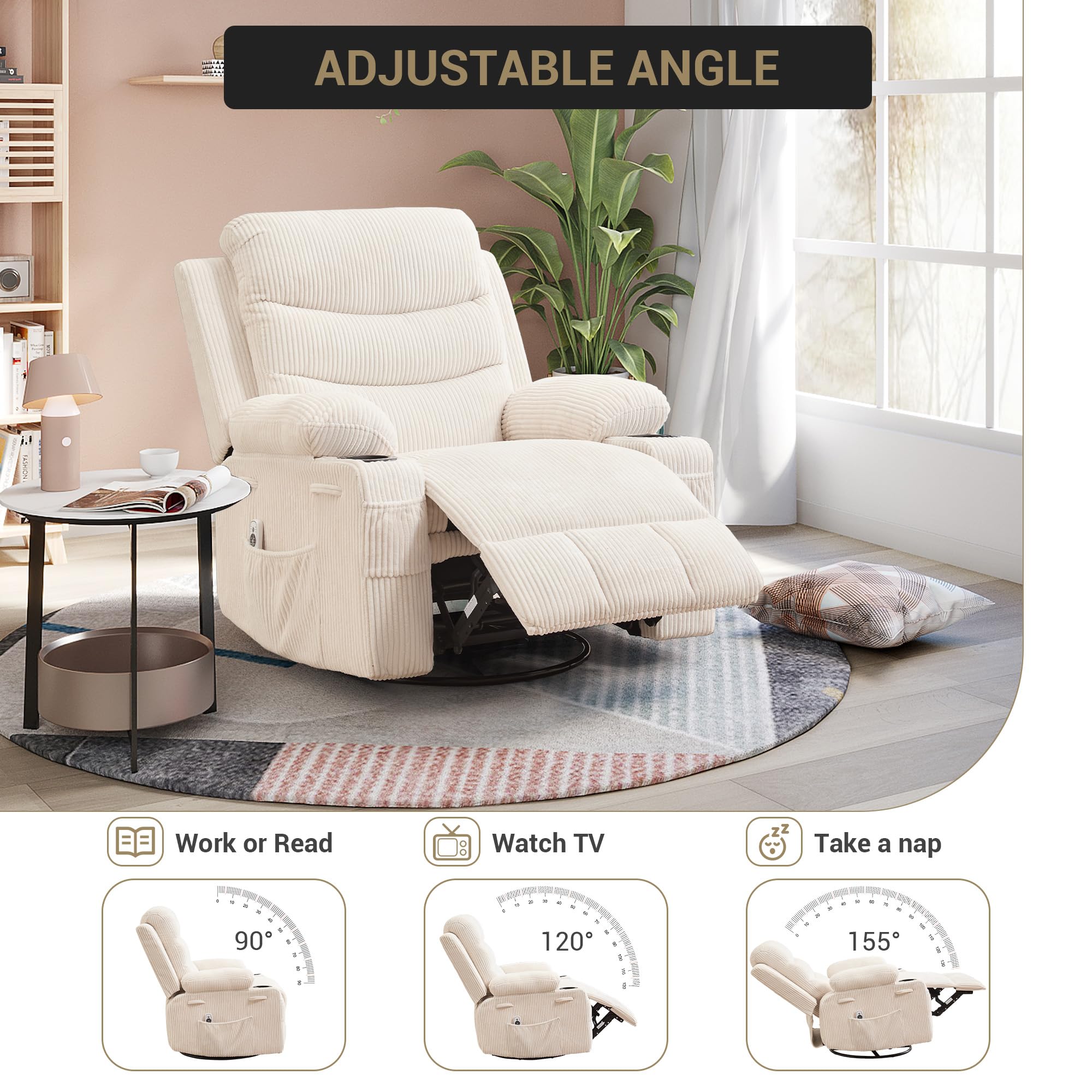 Recliner Chair Nursery, Oversized Manual Reclining Rocking Chair, 360 Swivel Glider with Cup Holder, Massage and Heat Recliner, Indoor Small Single Sofa Chairs for Adults RV Bedroom, Beige/Grey/Brown