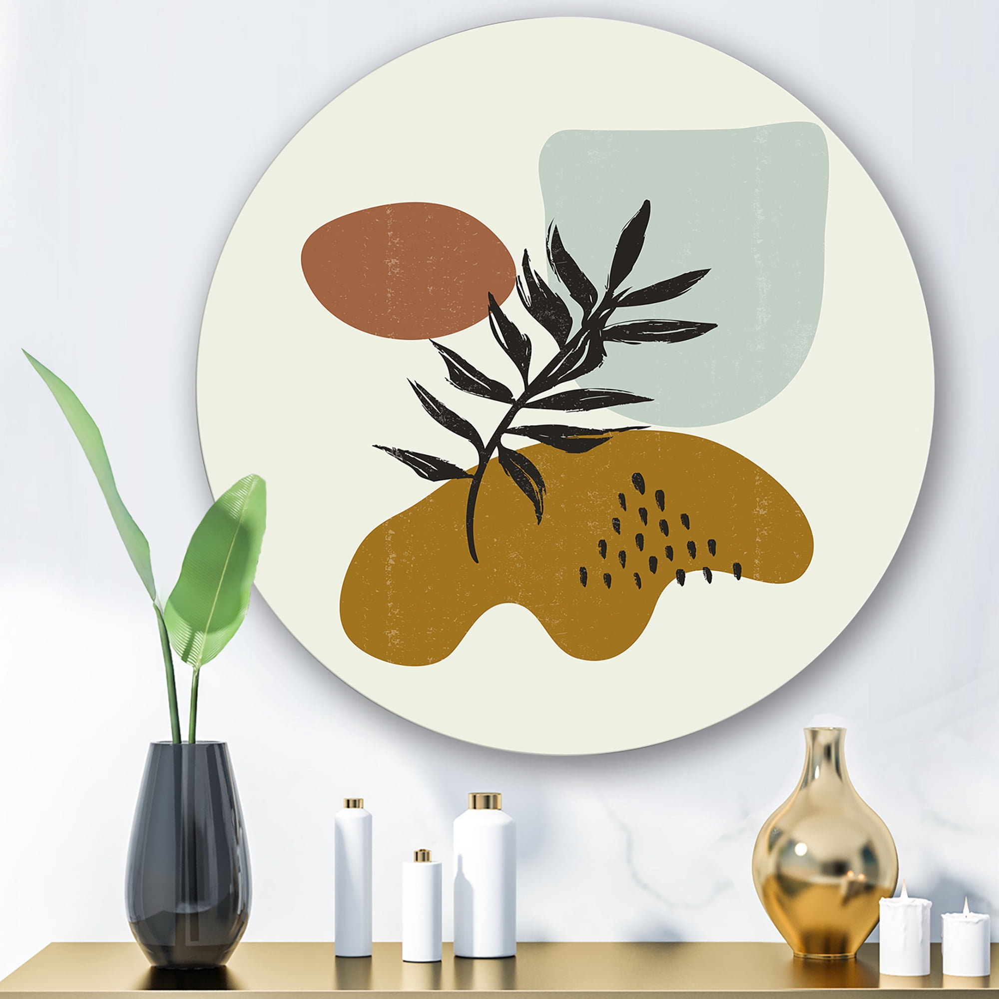 Designart 'Abstract Shapes With Botanical Minimalist Leaf II' Modern Circle Metal Wall Art 23x23 - Disc of 23