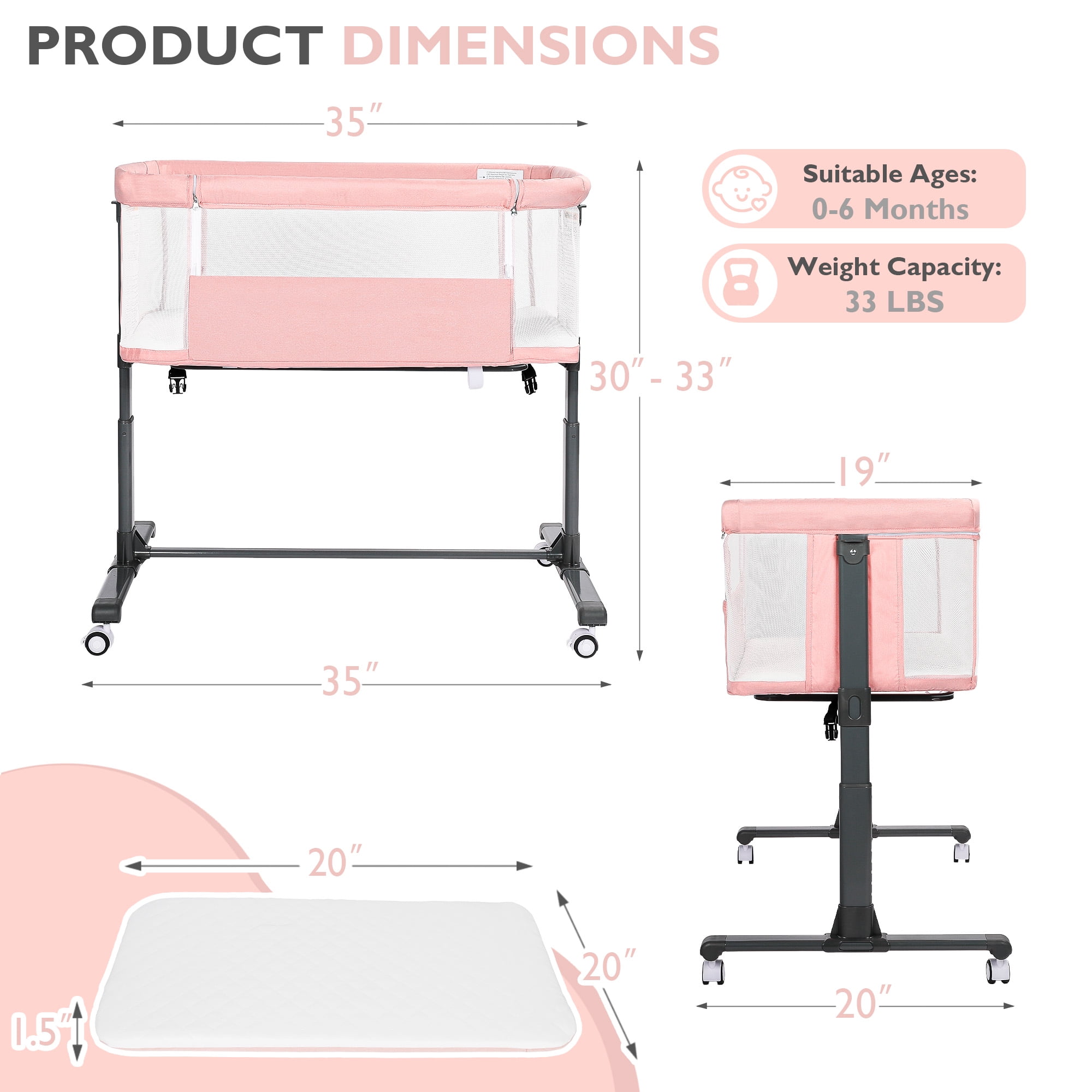 AILEEKISS Baby Bassinet with Wheels Adjustable Bedside Sleeper Bassinet Newborn Baby Crib, Pink