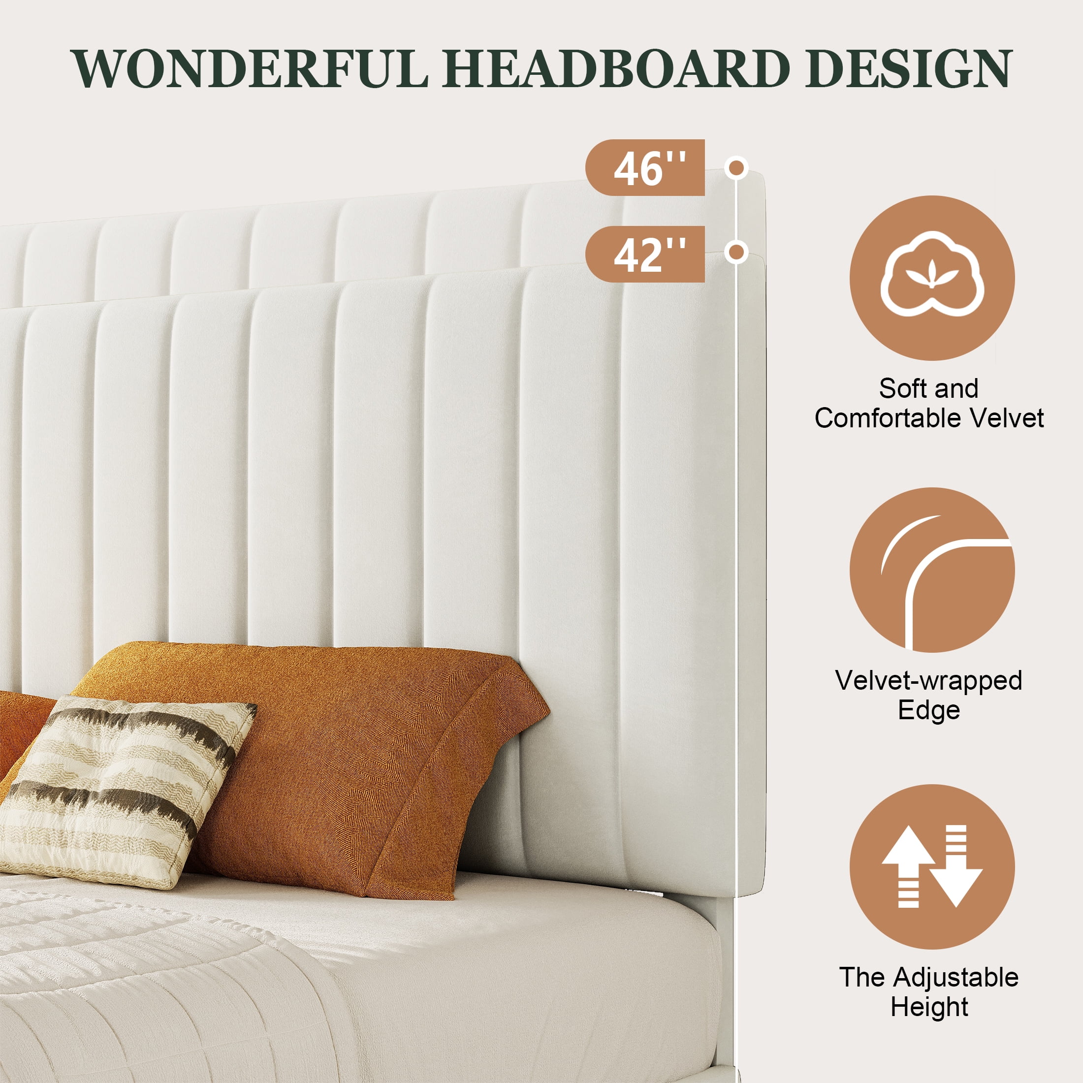 Amolife Full Bed Frame with Adjustable Velvet-Wrapped Headboard and 4 Storage Drawers, No Box Spring Required, White