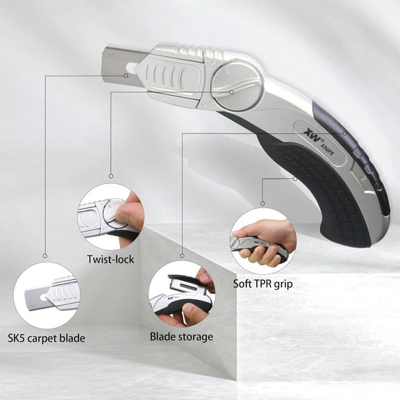 DASAW-Fixed-blade Carpet Knife with Twist-lock, Heavy Duty Flooring Knife with 5 Spare Blades in Storage
