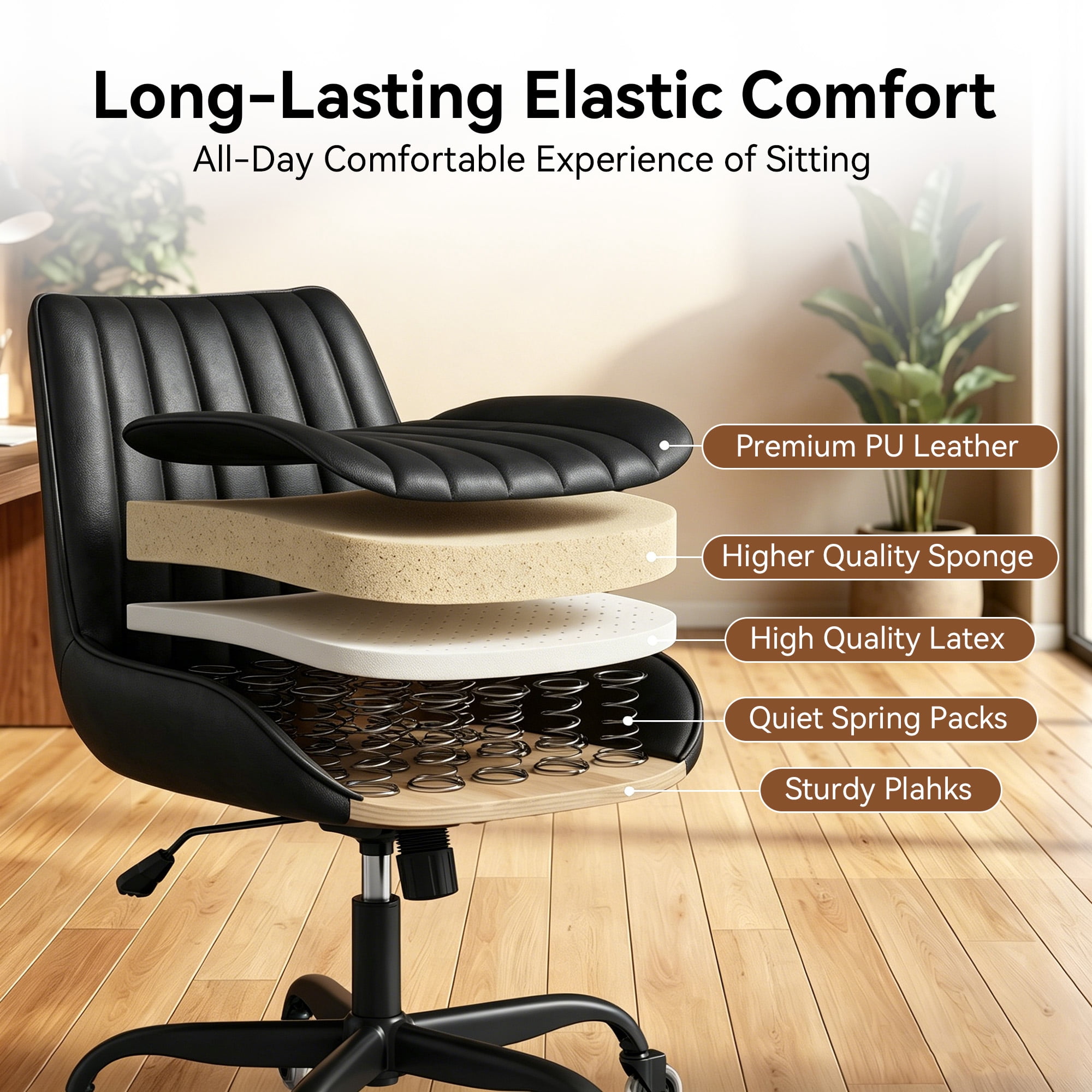 MOONMISS Armless Office Desk Chair Modern Upholstered Faux Leather Swivel Task Chair,Black