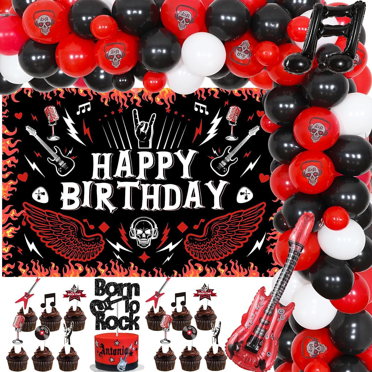 Rock and Roll Party Decorations, Music Happy Birthday Backdrop Red Black  White Balloons Garland Arch Kit Born to Rock Cake Cupcake Topper Guitar  Music