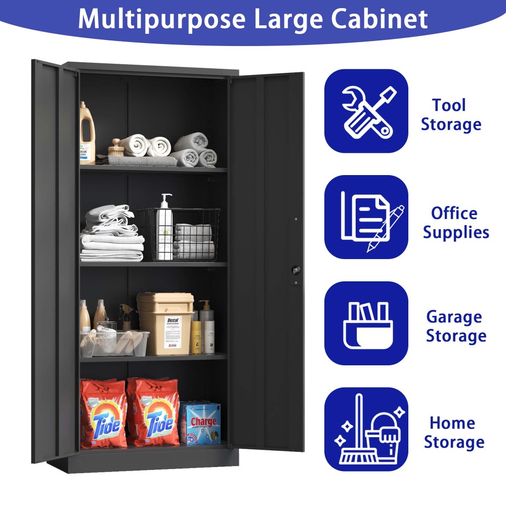 71"H Metal Garage Storage Cabinet, Tool Steel Locking Cabinet with Doors and 3 Adjustable Shelves,for Home Office,Classroom,Pantry,Black