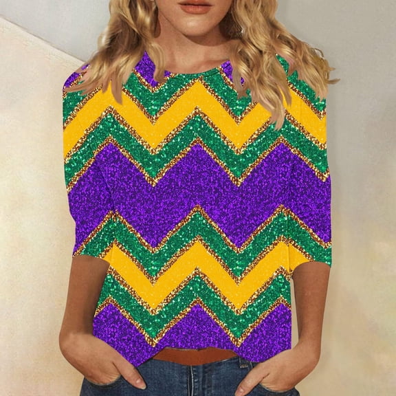 Xdegoge Mardi Gras Tops for Women Plus Size Crewnceck 3/4 Sleeve Top Celebratory Carnival Attire Whimsical Print Funny Pullovers