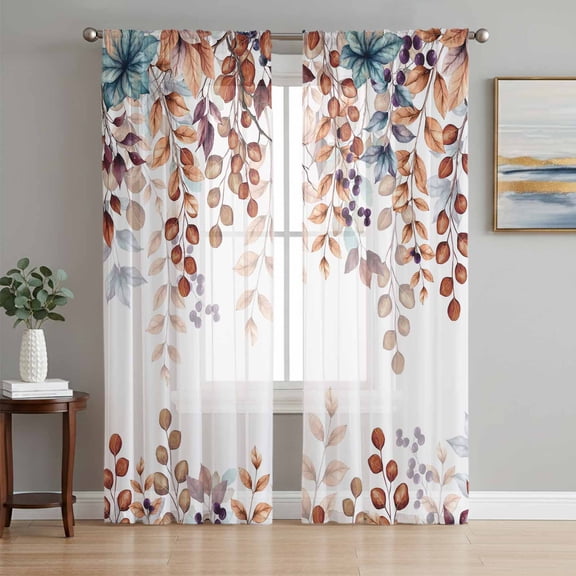 Sheer Curtains 108 Inches Long, Brown Eucalyptus Fall Light Filtering Window Curtains for Living Room, Botanical Weeping Leaves Pastoral Rod Pocket Voile Sheer Curtain Drapes, 52"W x 108"L, 2 Panels