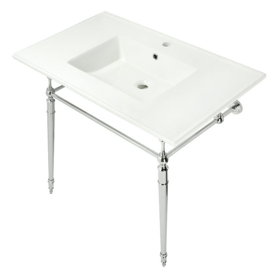 Kingston Brass KVPB372271CP Edwardian 37" Ceramic Console Sink with Brass Legs (1-Hole), White/Polished Chrome
