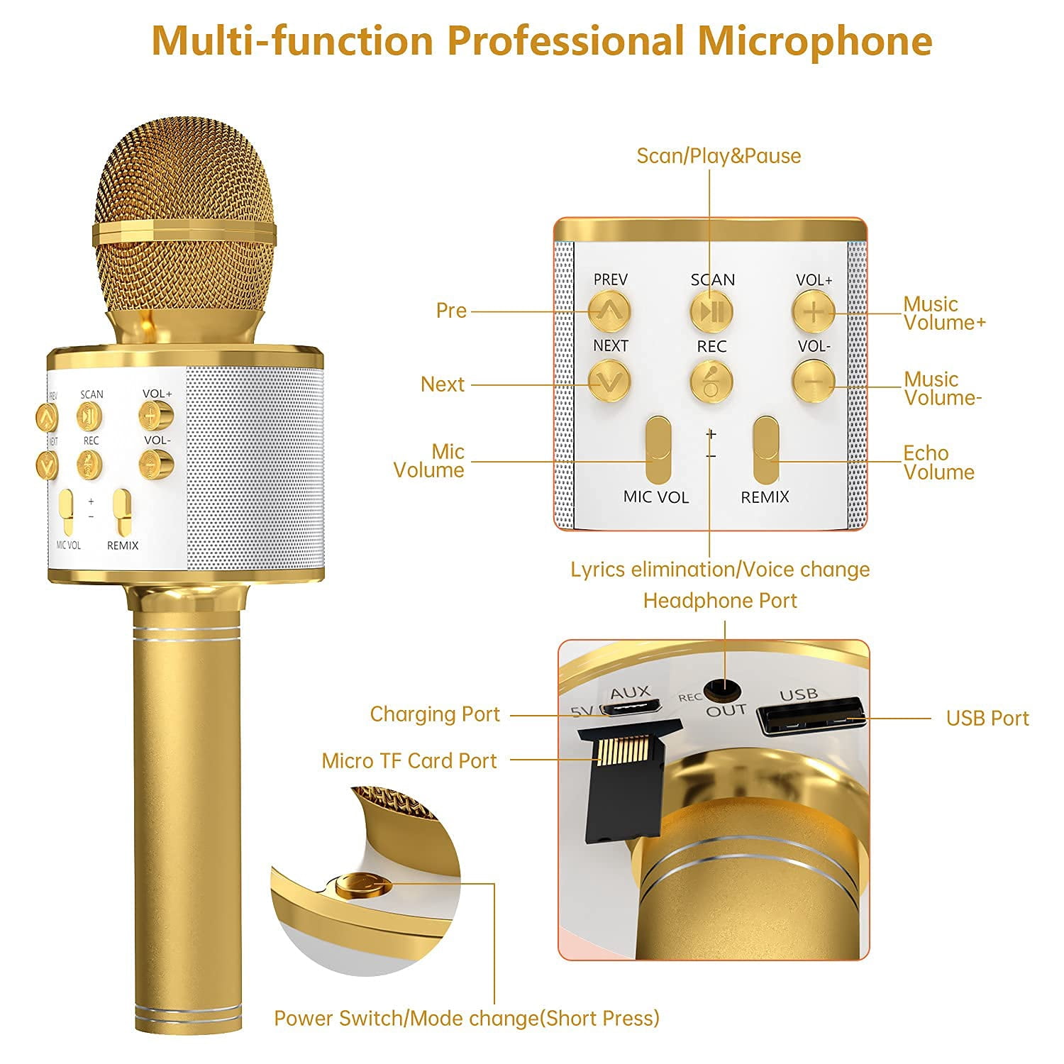 DAKIMOE Wireless Bluetooth Karaoke Microphone, Portable Handheld Singing Microphone for Kids Adults with Stereo Speaker and Voice Changer for All Smartphones, Gifts for Girls Kids Adults, Gold