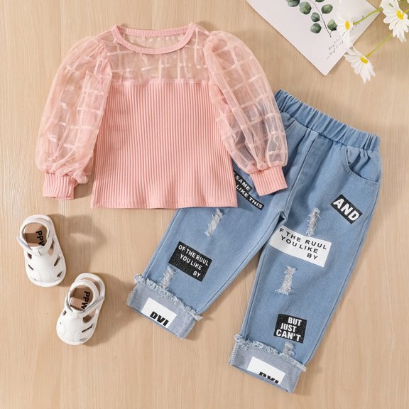 Vedolay Two Piece Sets For Girls Girl's 2 Piece Outfits Crop Cami Top and Printed Wide Leg Pants Set,Pink 5 Years