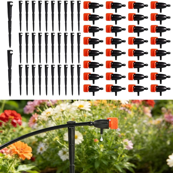 EBaokuup 32 Pack Adjustable Drip Irrigation Emitters with Stakes, 1/4 Inch Tubing Watering Kit for Plants and Garden