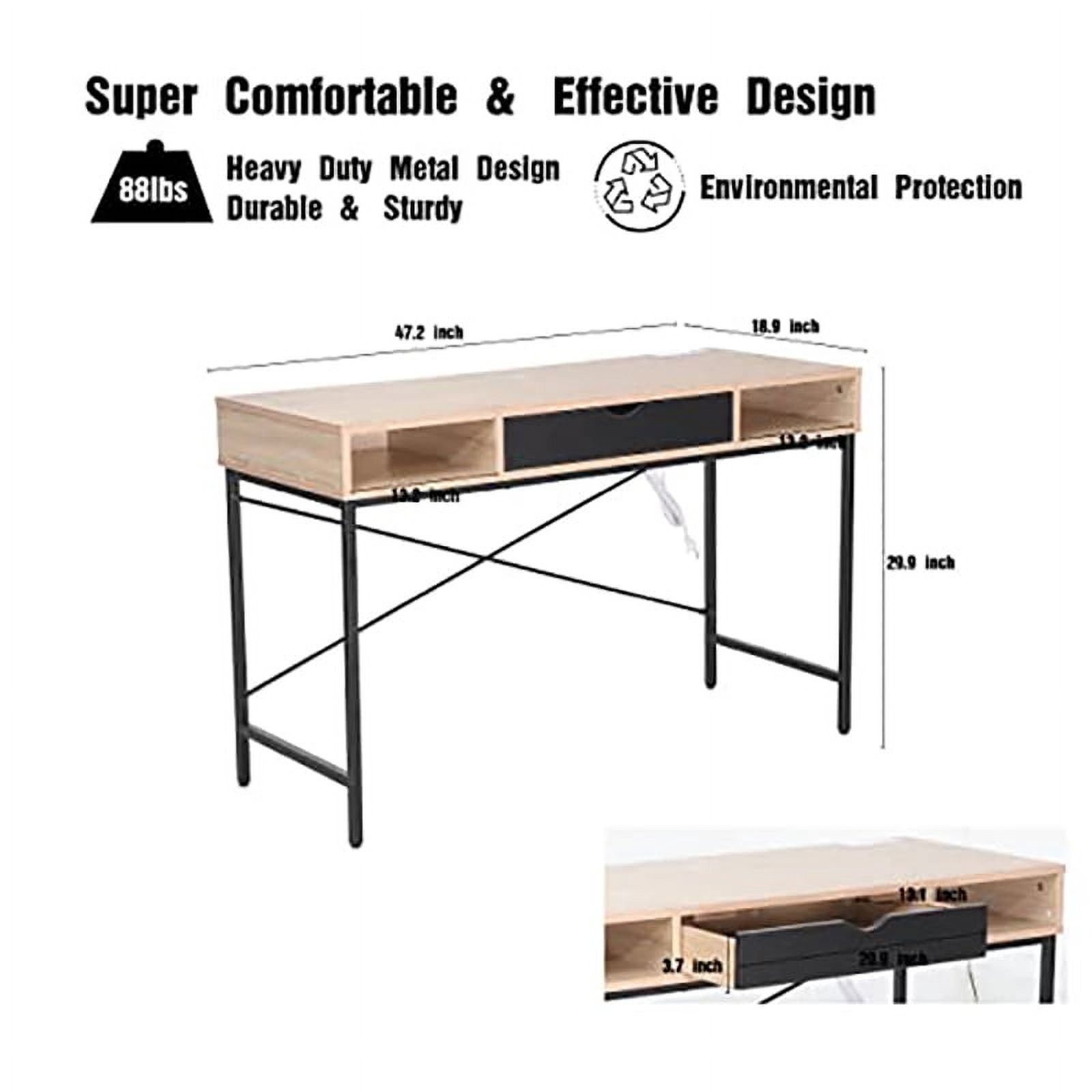 JJS 48' Writing Desk with Power Outlet, Home Office Contemporary Large Computer Desk Laptop Workstation with Drawer USB Ports Charging Station, Oak/Black