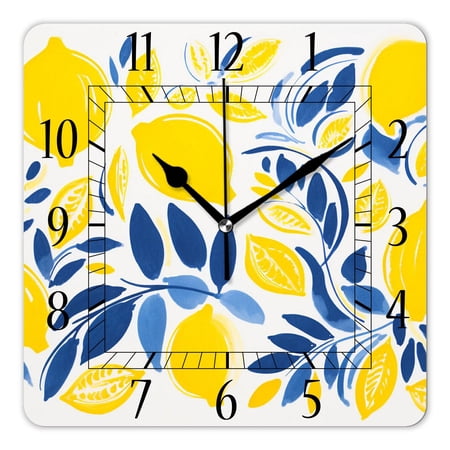 14 Inch Wall Clock Battery Operated Square Clock Decorative for Office, Kitchen, Outdoor, Living Room,Tropical Yellowless Lemon Style