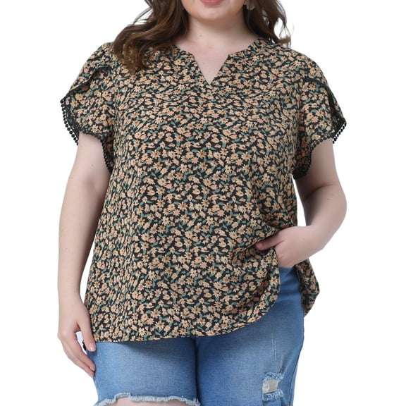 DARING DIVA Women's Plus Floral V Neck Tulip Sleeve Casual Blouse 2X Beige