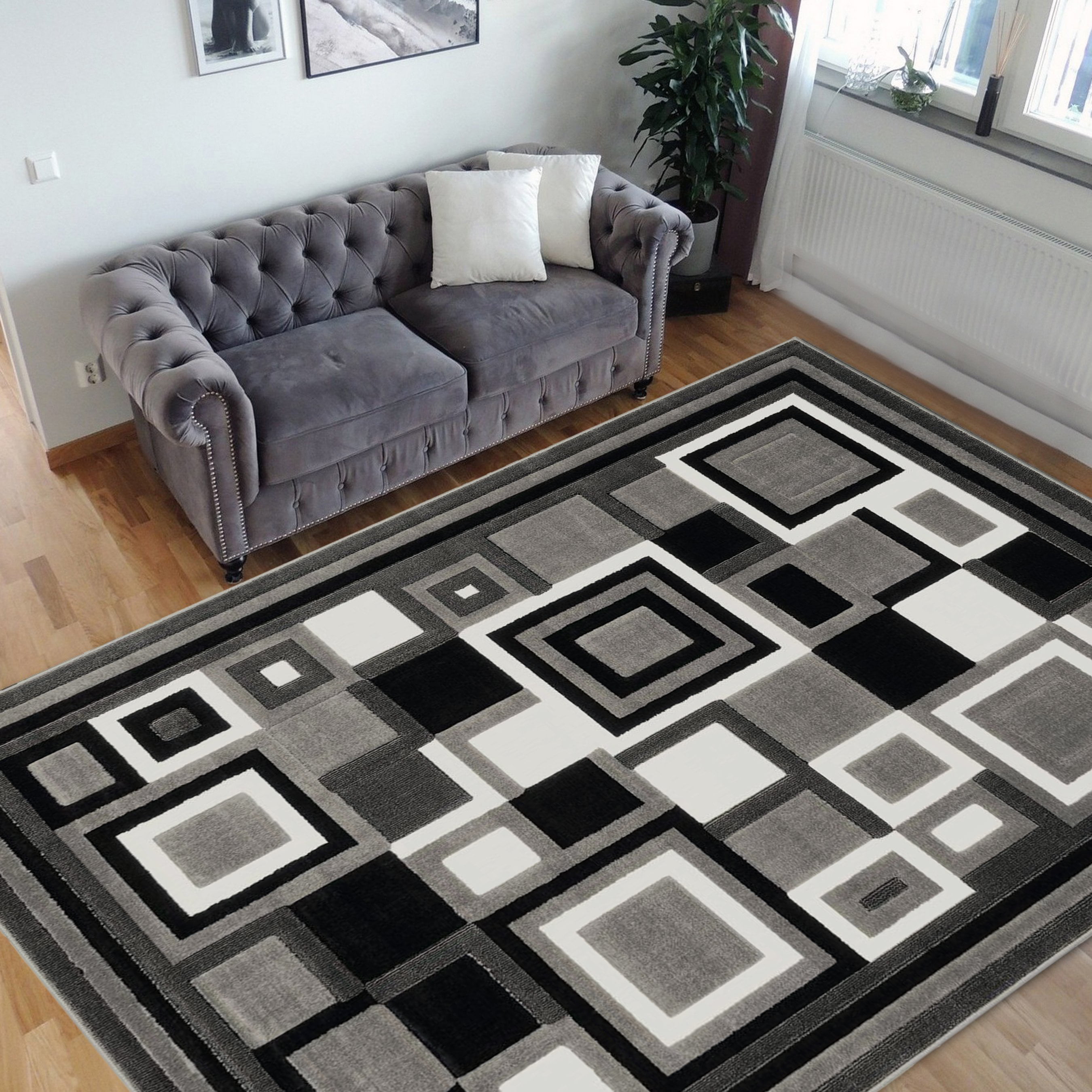 Grey White Black Area Rug Modern Bedroom Living Room Geometric Trellis Carpet 