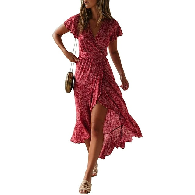 Robe Maxi Bohème à Fleurs Imprimées Col en V Manches Courtes Fendue pour Fête à la Plage