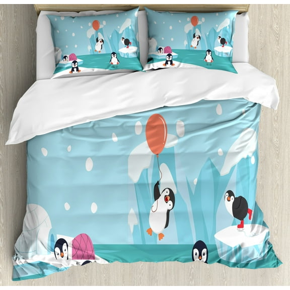 North Pole Duvet Cover Set King Size, Lovely Penguins on Ice Glaciers Cute Funny Animal Characters Print, 3 Piece Bedding Set with 2 Pillow Shams, Pale Sky Blue Multicolor, by Ambesonne