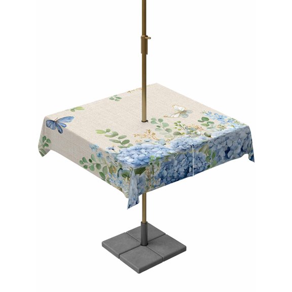 Outdoor Tablecloths with Umbrella Hole & Zipper, Blue Hydrangea 60x60 Inch Square Tablecloths, Spring Summer Eucalyptus Vintage Beige Waterproof Table Cloth, Patio/Pool/Picnic Table Covers