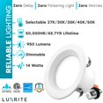 thumbnail image 4 of Luxrite 12-Pack 4 inch LED Recessed Can Lights, 14W=75W, 5 Color Options 2700K-5000K, 950 Lumens, Dimmable, Wet Rated, IC Rated, ETL Listed, 4 of 7