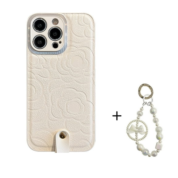 iPhone 15 Pro Max Case for Women,Cream White Premium PU Leather iPhone Case with Chic Wrist Strap for Girls Women