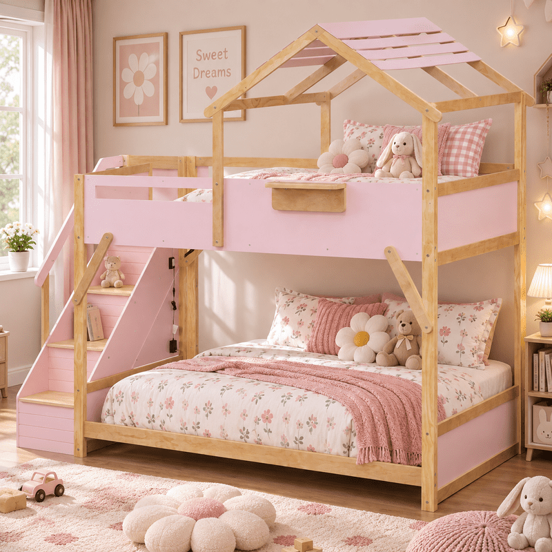 Full Over Full House Bunk Bed with Stairs, 3-Color LED Lights, Built-in Storage Panel, Wood House Bunk Bed Frame for Kids Teens, No Box Spring Needed