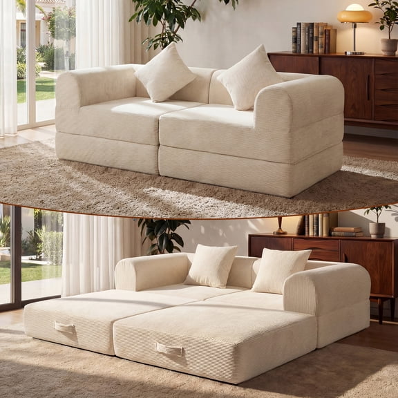 ELEKA 74.8" Convertible Sleeper Sofa Bed,Folding Floor Mattress Couch,Sectional Couches for Living Room ,No Assembly Required ,Beige
