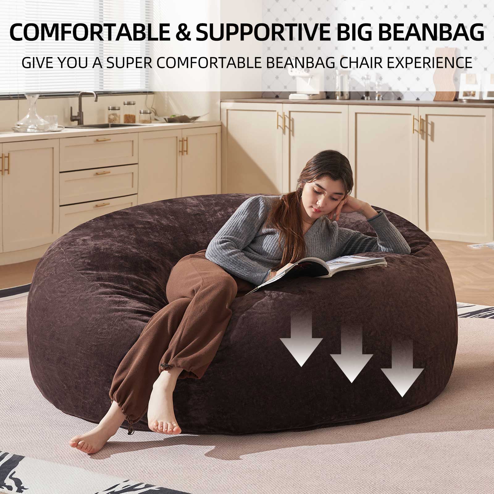 Bean Bag Chair 6FT,  Large Memory Foam Filled Chair for Adults and Teens, Soft Sofa with Removable Flannel Cover, Round Couch for Living Room Bedroom College Dorm