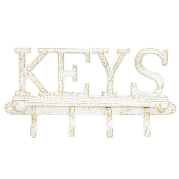 Sungmor Soporte de Llaves de Hierro Fundido p/ Pared, Estante con forma de llaves blancas vintage c/ 4 ganchos, colgador rústico p/ entrada/puerta principal, ganchos decorativos p/ hogar