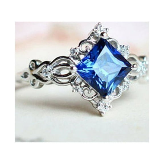 Opolski Vintage Women Hollow Flower Princess Cut Faux Sapphire Inlaid Ring Jewelry Gift