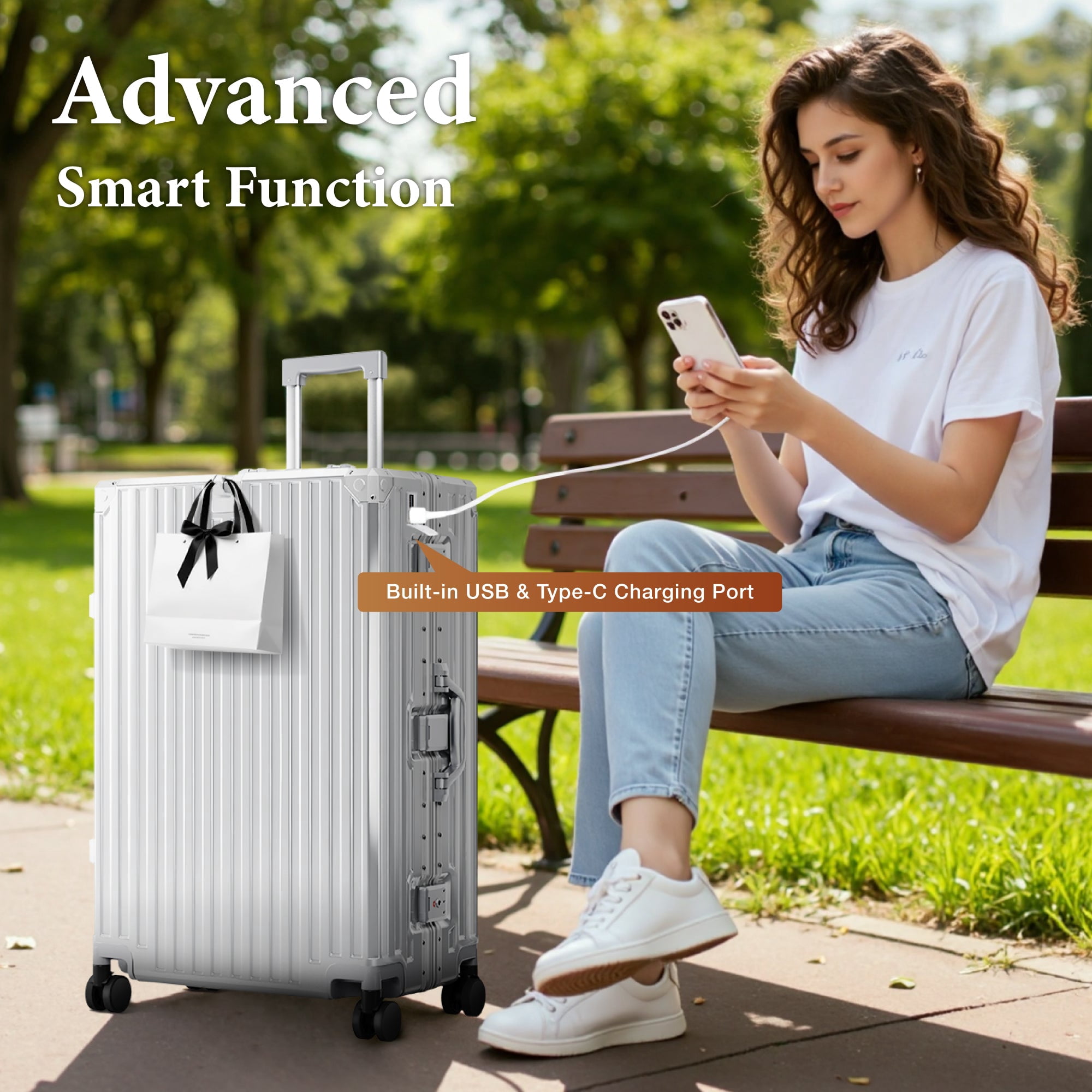 MF Studio 20 inch Carry on Luggage, Lightweight PC Hardshell Zipperless Suitcase with Aluminum Frame, TSA locks, Spinner Wheels, USB Charging Port, Cup Holder, Silver Gray