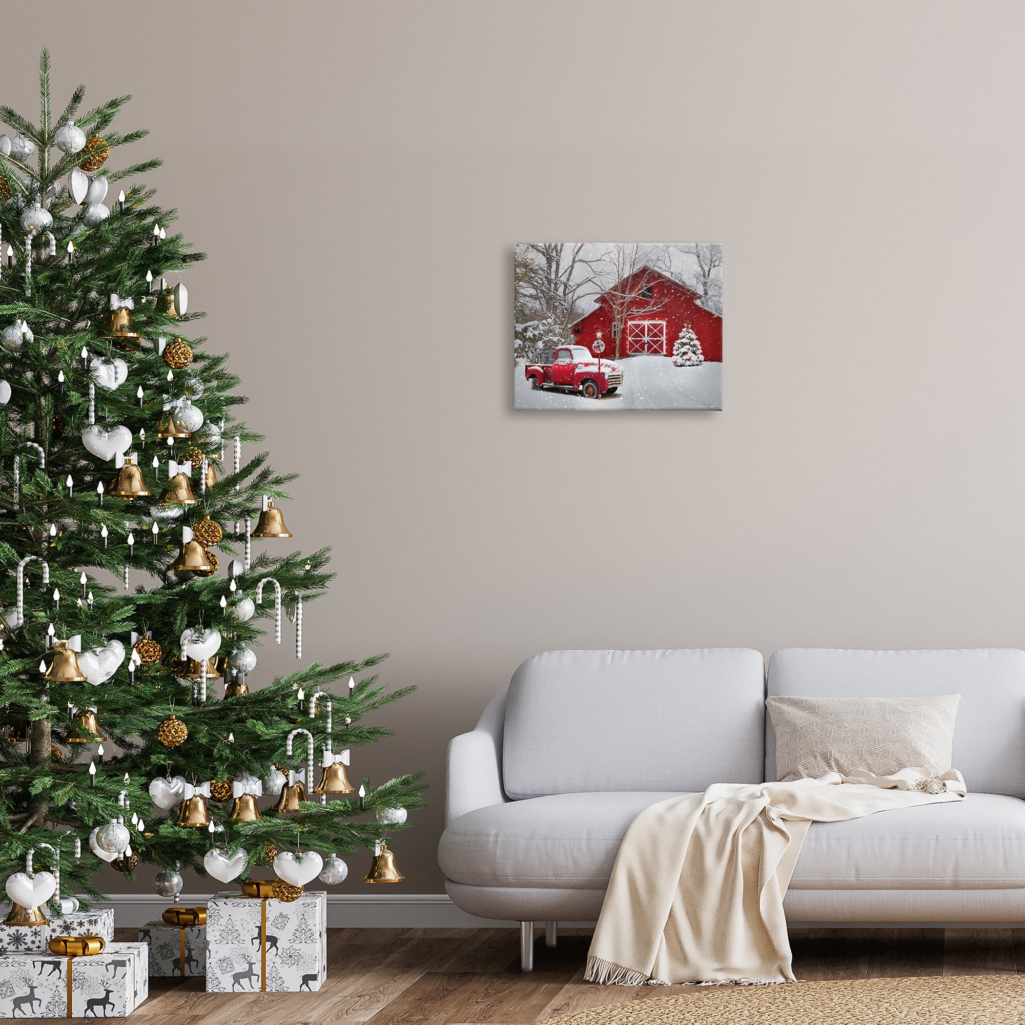 Red Barn & Truck Powdery Snow Rural Scenery Transportation Painting Gallery-Wrapped Canvas Print Wall Art