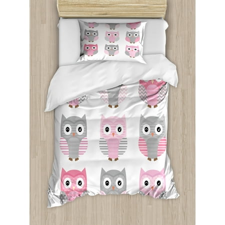 Pink And Grey Duvet Cover Set Cute Owl Figures Nocturnal Exotic