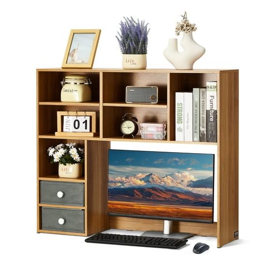 VEVOR Desktop Bookshelf, 3-Tier Wood Desktop Storage Organizer, 37" x 10" x 31.1" Office Storage Rack Wood Display Shelf, Desktop Bookshelf Hutch with Two Fabric Drawers, for Home & Dorm