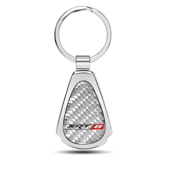 SRT-8 Logo Real Silver Dome Carbon Fiber Chrome Metal Teardrop Key Chain for Dodge Jeep RAM