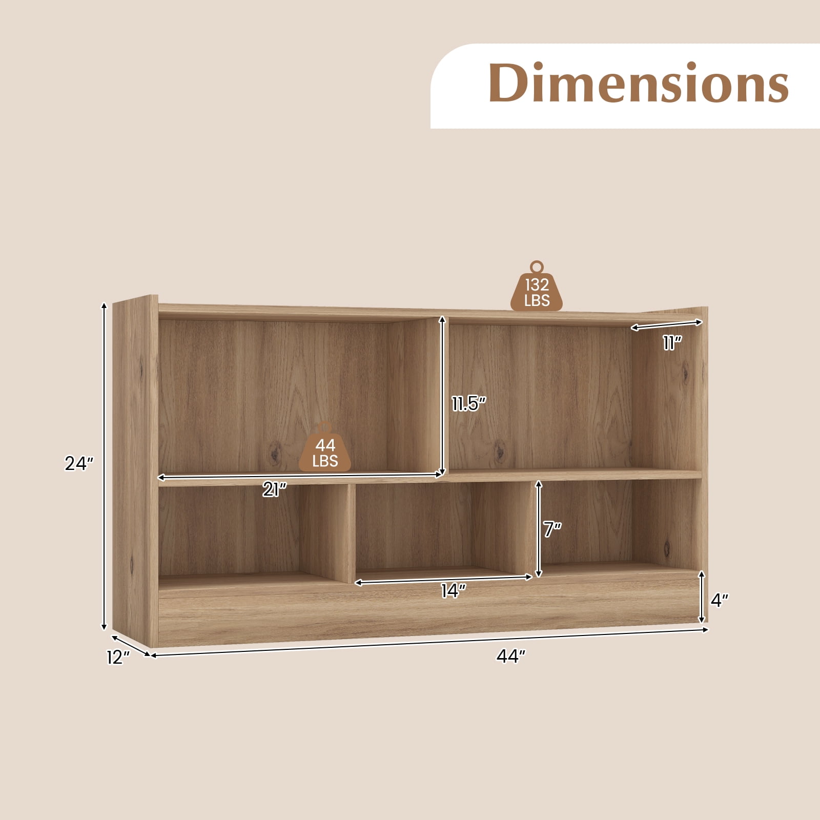 Costway 2-Tier Kids Bookcase with Spacious Top & Raised Base Toy Organizer with 5 Compartments Light Natural