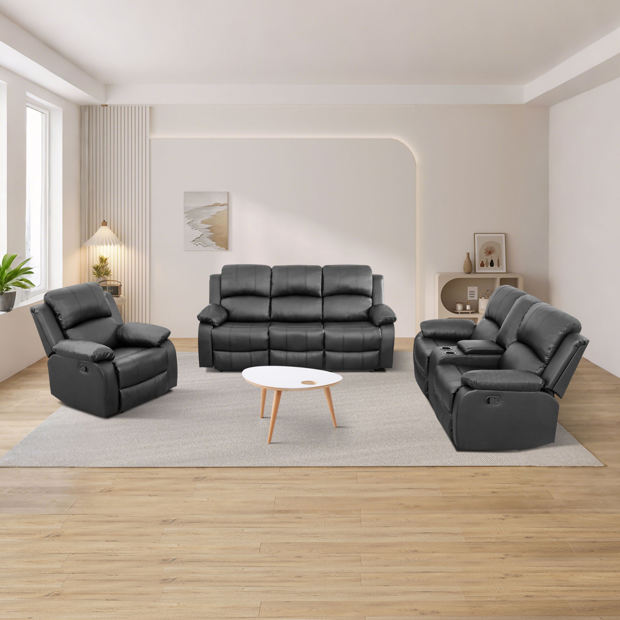 Gewnee Black 3-Piece Living Room Recliner Sofa Set,Air Leather Upholstery with Console & Cup Holders