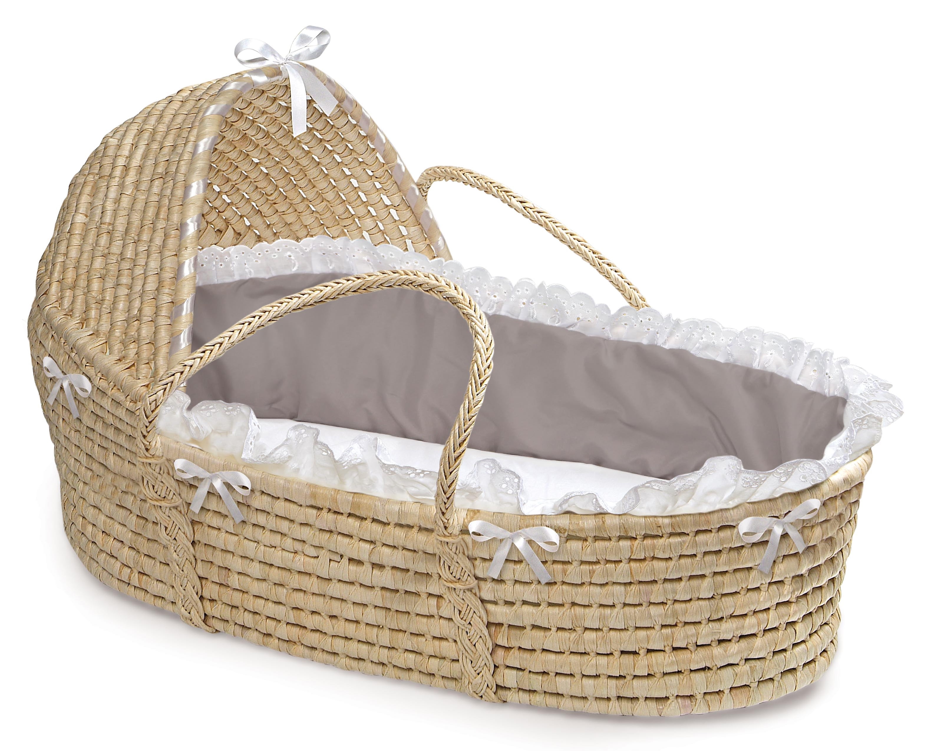 Badger Basket Natural Hooded Moses Basket Gray Bedding