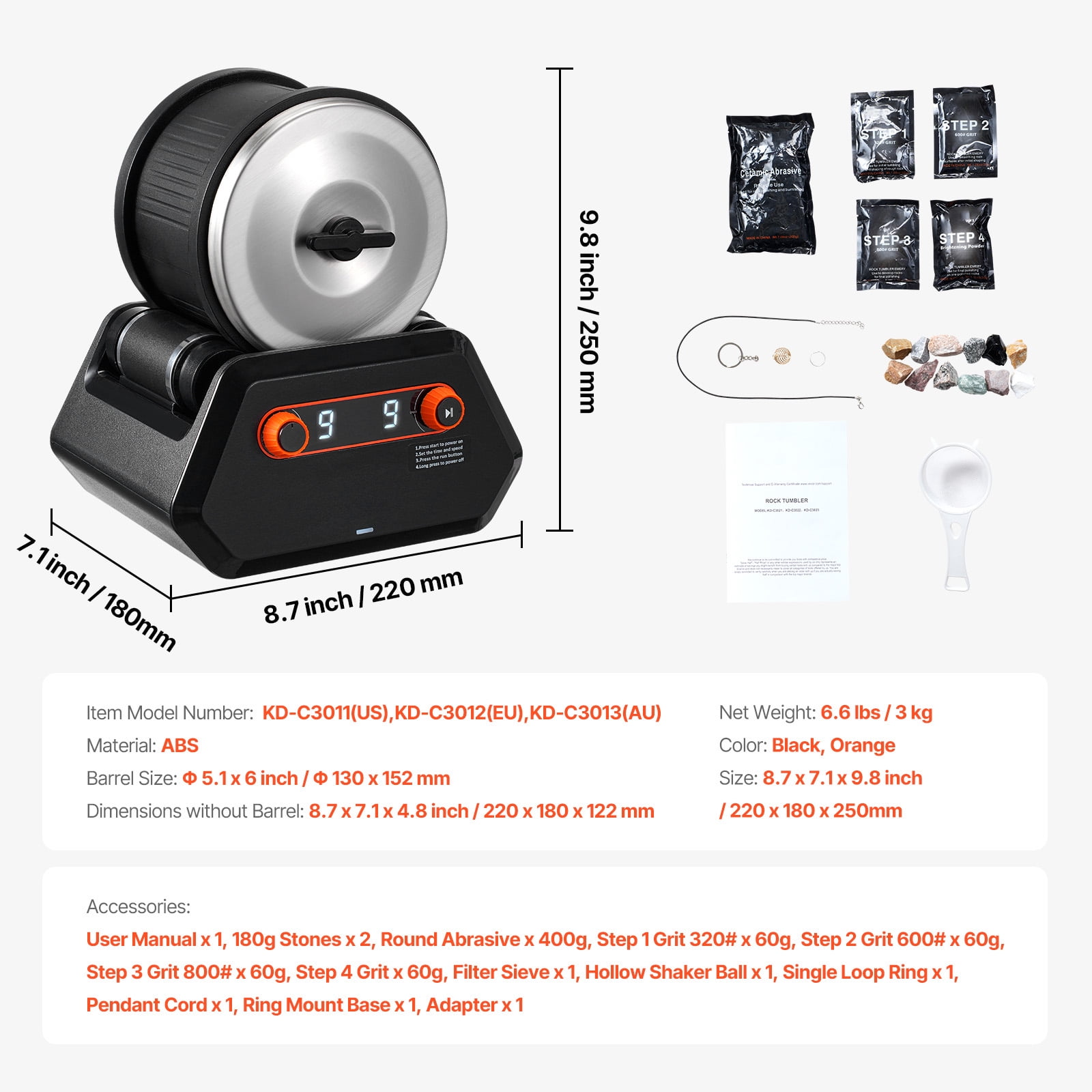 KFFKFF Rock Tumbler Machine, 4 lbs Stone Refinement Bundle, 9 Velocity Adjustments 9-Day Refinement Countdown Stone Refinement Bundle, Stone Smoother with Unrefined Gemstones and Refinement Grains