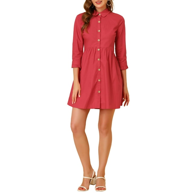 INSPIRE CHIC Women's Shirt Dress 3/4 Sleeve Button Down Mini Dresses Red M