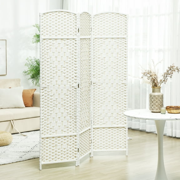 HOMCOM 3 Panel Room Divider, 6' Tall Folding Privacy Screen, Hand-Woven Freestanding Wood Partition for Home Office, Bedroom, White