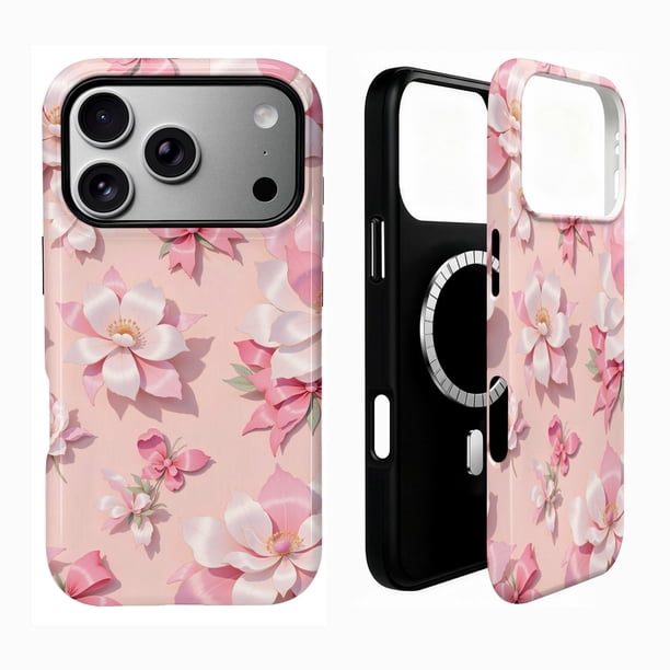 SKLYDDI Funda para iPhone 15 Floral Rosa con Blanco Compatible con MagSafe